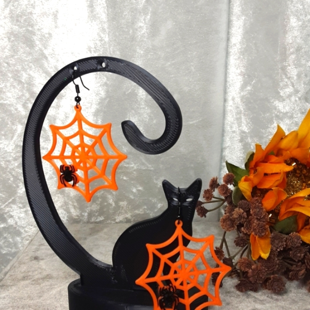 Handmade Earrings 3D Printed Spiderwebs With Crystal Beaded Spiders Orange Black - Picture 4 of 7